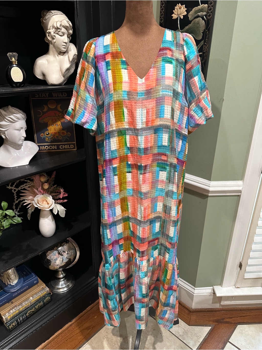 Marie Oliver Plaid Check Linen Viscose Silk Blend Tent Dress